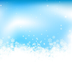 Winter blue square background with snowflakes and snowdrift. Festive wintertime template for winter new year party. Snowflakes of frosted winter weather and festive mood. Vector
