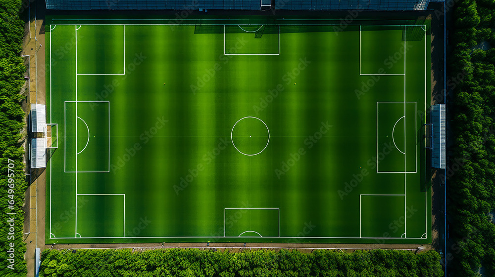 Wall mural drone view, green football field from above panorama view of top stadium - Wall murals
