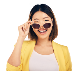Woman, fashion sunglasses and wink in portrait, happiness with smile isolated on png transparent background. Summer, Asian model flirting with stylish eyewear and gen z with positive attitude