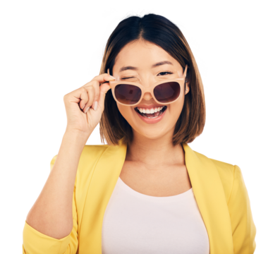 Woman, fashion sunglasses and wink in portrait, happiness with smile isolated on png transparent background. Summer, Asian model flirting with stylish eyewear and gen z with positive attitude