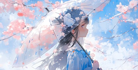Naklejka premium An cute anime girl carrying a and walking across a cherry blossom pink sakura. Anime Style