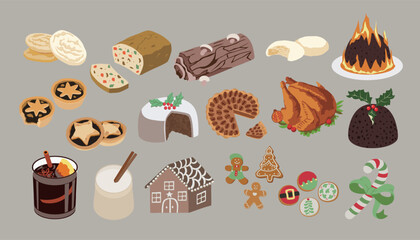 A set of illustrations for Christmas food.