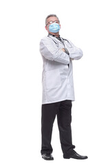 Side view of doctor wearing protection face mask