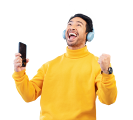 Man, winner and headphones or phone in success, music subscription and sale or yes for online games. Excited person listening to news on mobile, wow or winning isolated on transparent png background