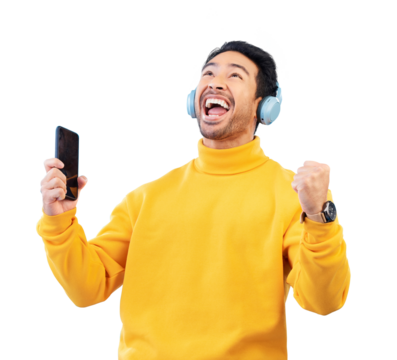 Man, winner and headphones or phone in success, music subscription and sale or yes for online games. Excited person listening to news on mobile, wow or winning isolated on transparent png background