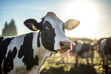 Cows with smart collar in modern farm livestock animal with sunlight - obrazy, fototapety, plakaty