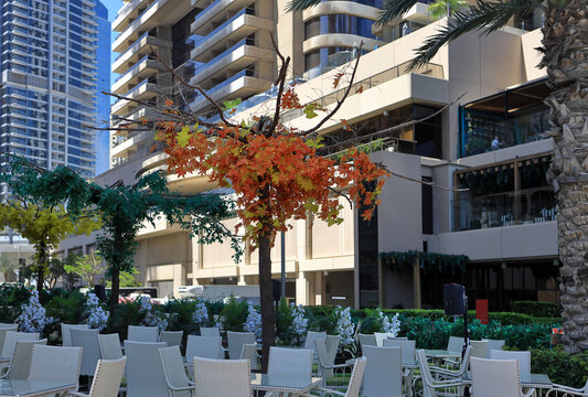 Dubai Marina aka Marsa Dubai, is a district in Dubai, United Arab Emirates.  Between the high towers is a small space for relaxation.