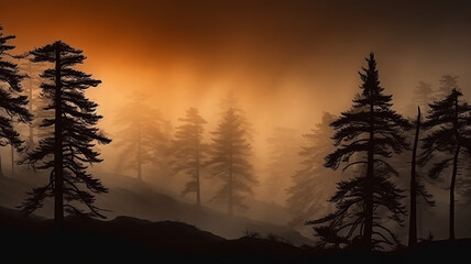 silhouettes of lonely pine trees in the autumn fog at sunset, freedom and silence of nature wild forest in sunset colors