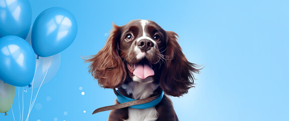 Cute spaniel with balloons on a blue festive background with copy space