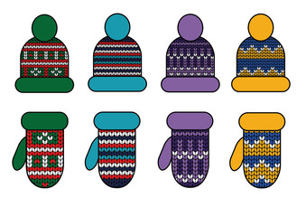 Set of cosy winter vector hats and gloves on a transparent background.