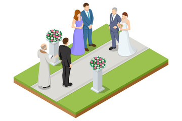 Isometric wedding arch decorated with flowers stands in the luxurious area of the wedding ceremony beautiful bride and groom in the wedding ceremony