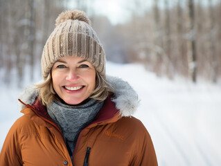 A smiling happy adult woman in a warm jacket and hat on a winter walk in a snow park. Portrait close-up. Copy space