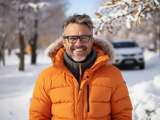 Smiling happy adult man with a beard and glasses in a warm jacket on a winter walk in a snow park. Portrait close-up