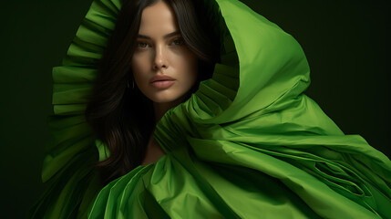 Fashion model in a bright green, modern, abstract dress with a large hood. Vivid colors, glamorous look.