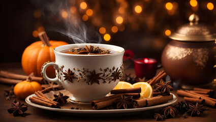 Fototapeta na wymiar Holiday Spice Bliss: Steaming Spiced Chai Tea