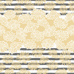 Vector pink daisies yellow stripes repeat pattern