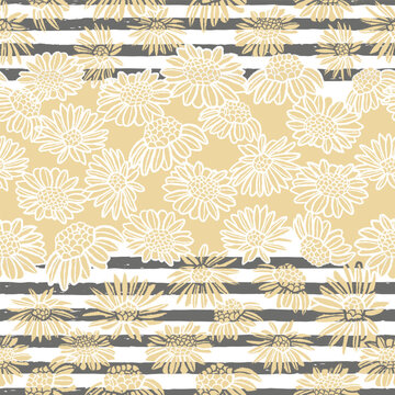 Vector pink daisies yellow stripes repeat pattern