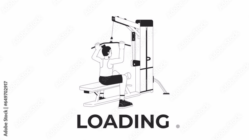 Poster muscle building with lat pulldown machine bw loading animation. man dragging bar down outline 2d car