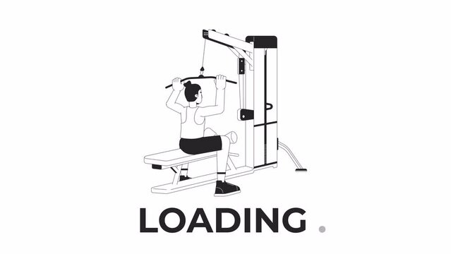 Muscle building with lat pulldown machine bw loading animation. Man dragging bar down outline 2D cartoon character 4K video loader motion graphic. Exercises animated gif isolated on white background