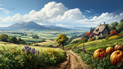 Poster Beautiful farm countryside landscape with autumn fields © aviavlad