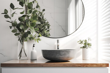 Stylish mirror with eucalyptus branches and vessel in bathroom - obrazy, fototapety, plakaty