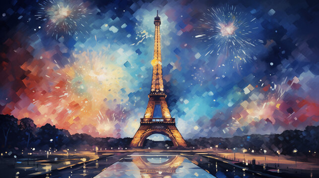  Fireworks over ieffel tower in Paris France, Generative Ai