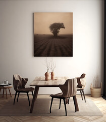 A modern dining room with a large painting on the wall in a minimalist style