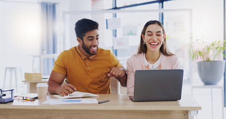 Creative business people, laptop and high five for winning, success or planning together in...