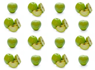 Pattern apples. Fresh and wet green apples on the white color background