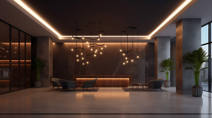Large reception lobby with lights and plants in minimalism style - obrazy, fototapety, plakaty