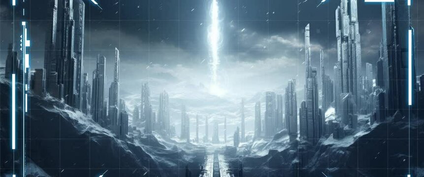 Anamorphic video futuristic city in snowy landscape. Game scene background