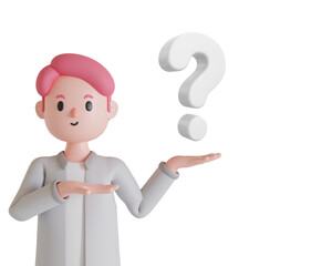 3D Cartoon Woman Holding a Question Mark Isolated on Transparent Background