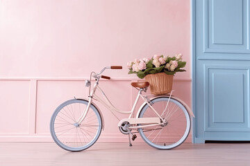 Cute bike with flower basket is front of a pastel pink wall