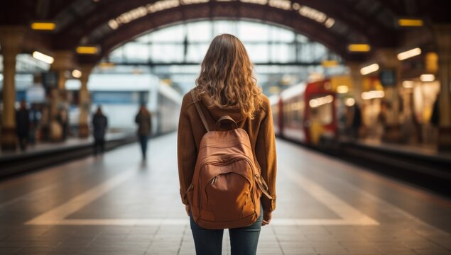 rear view of solo traveller female woman backpack voyage ready to travel by trian railroad vehicle transport she waiting for train schedule at platform train station