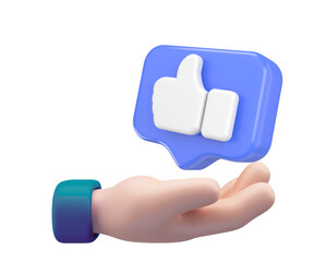 3D Cartoon Hand Holding Like Button Isolated on Transparent Background