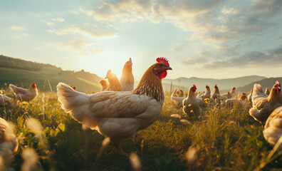 chickens on traditional free range poultry farm in sunset light.