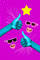 Vertical collage of faceless people wear sunglass laughing mouth blue hands thumbs up like symbol...