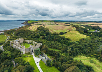 Manorbier Castle from a drone, Manorbier, Tenby, Wales, England