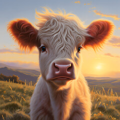 illustration of baby Scottish cow in the sunset