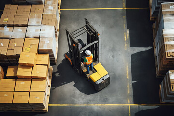 Overhead view of warehouse worker moving pallet of goods with forklift in warehouse - obrazy, fototapety, plakaty
