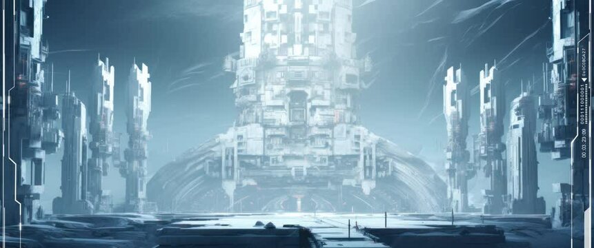 Anamorphic video futuristic city in snowy landscape. Game scene background