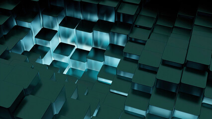 Abstract dynamic animated wave moving structure of colorful columns or blocks. Design. Wave like motion of long rectangular 3D shapes.