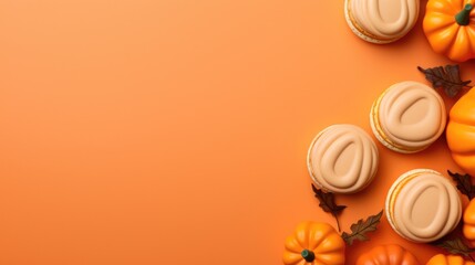 Homemade sugar cookies decorated with pumpkins close up isolated on orange sweet banner with copy space top view halloween and thanksgiving holiday food concept