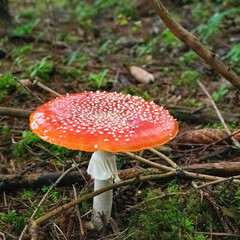 rote  Fliegenpilze im herbstlichen Wald