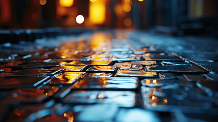 City lights reflecting on the cobblestone pavement