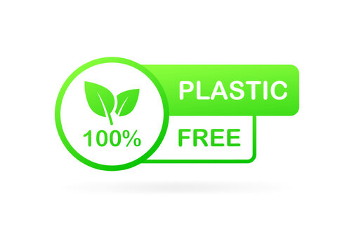 Plastic free icon. Flat, green, green sign, 100% plastic free. Vector icon