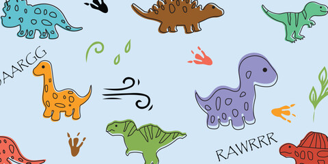 Seamless pattern with cute little dinosaurs. adorable for children's textiles, wallpaper, toy wrappers, book covers, wall wallpapers, posters, vector illustration