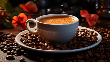 Coffee, cup of dense, hot, strong and frothy espresso
