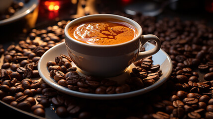 Coffee, cup of dense, hot, strong and frothy espresso