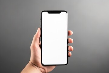 Hand holding black smartphone with blank white screen mockup, on grey background. Phone with modern frameless design for web site, app and advertisement.